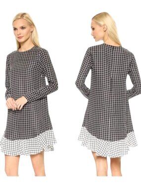 Rachel Zoe Dress Women 4 Black Ivory Silk Anika Grid Print Ruffle Hem‎ Mini